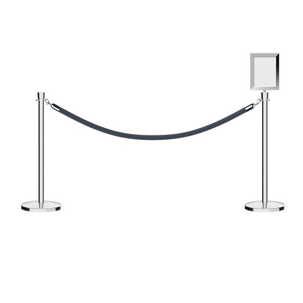 Montour Line Stanchion Post & Rope Kit Pol.Steel, 2CrownTop 1Gray Rope 8.5x11V Sign C-Kit-1-PS-CN-1-Tapped-1-8511-V-1-PVR-GY-PS